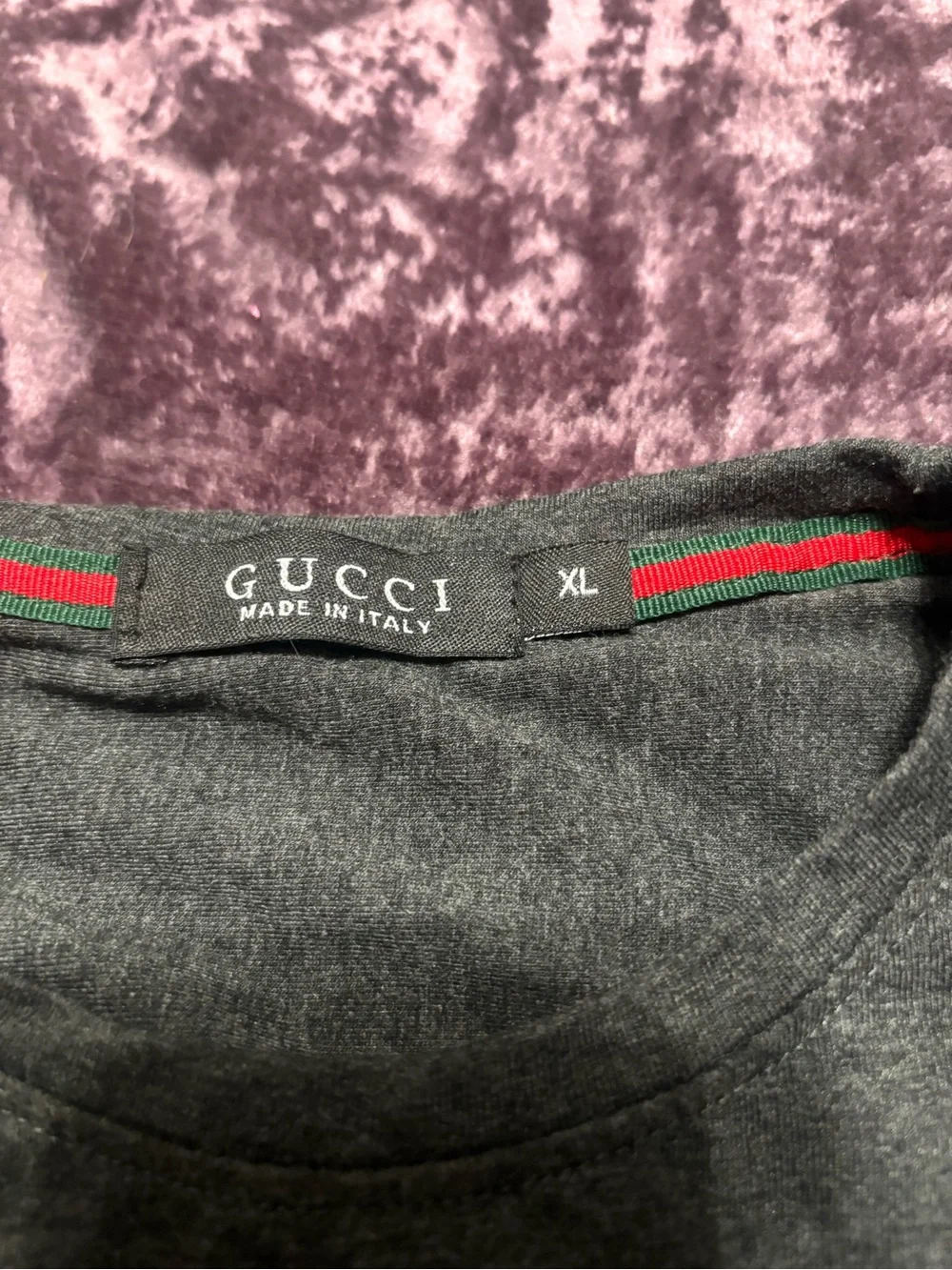 Gucci Charcoal Gray Logo Crewneck Tee with Red and Green Stripe